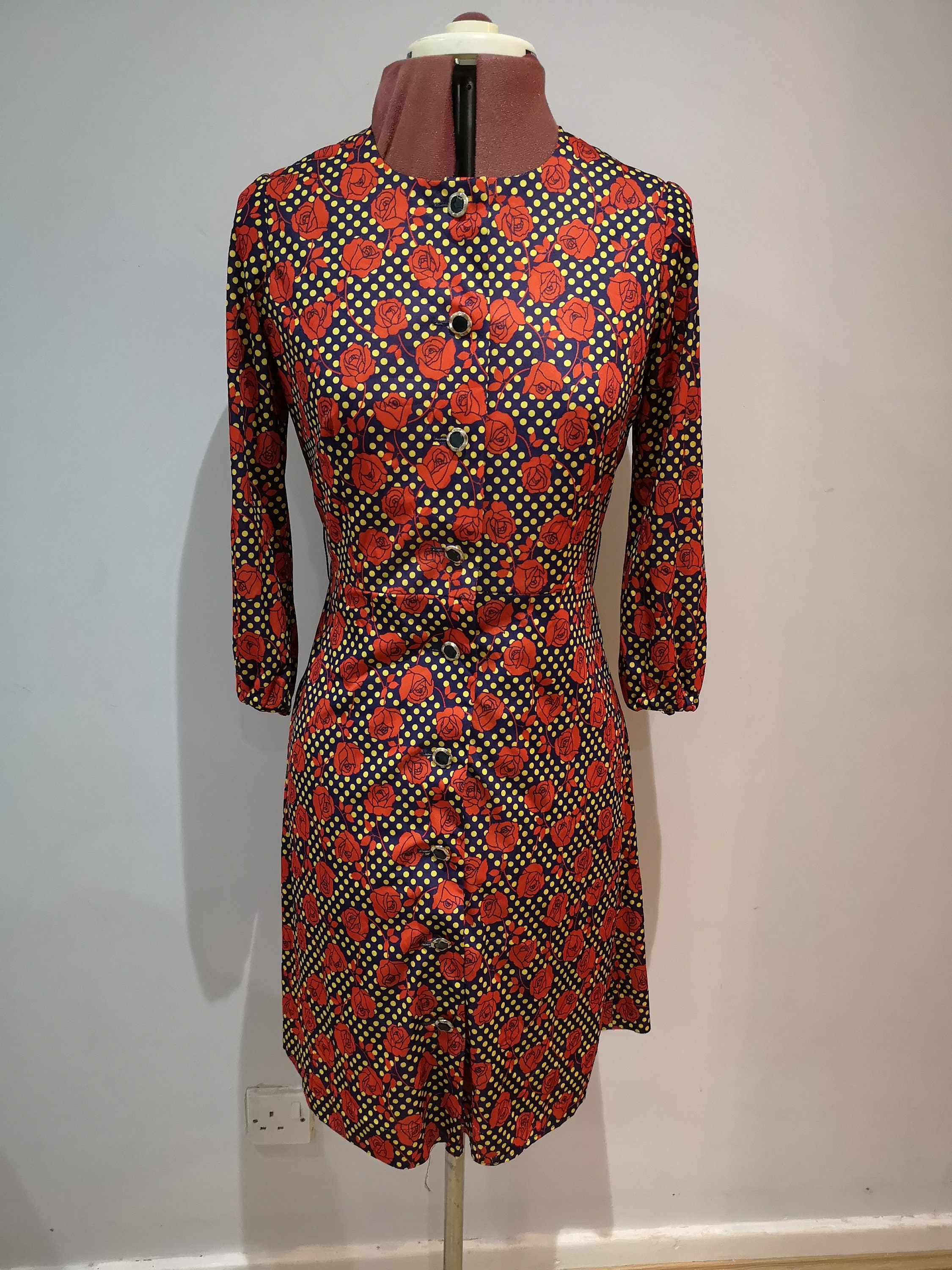 Image of A Vintage 's Spotty Shirt Dress, 's Floral Long Sleeved Printed Rose Print Uk