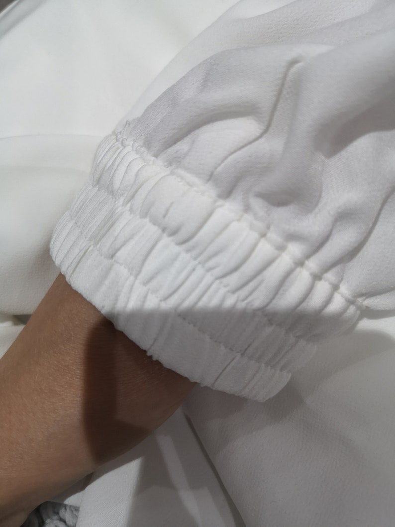 90/'s womens collarless white shirt with pearl effect and gold buttons 1990/'s vintage ivory blouse elasticated cuffs 34 sleeves UK 12
