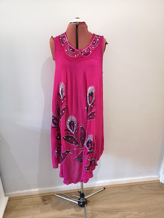 Vintage Hand Painted Beach Dress, Floral Sequin Beach Dress, Loose Summer Dress, Glitter Floral Sequinned Dress, Vest Dress, One Size Vintage Hand Painted Beach Dress, Floral Sequin Beach Dress, Loose Summer Dress, Glitter Floral Sequinned Dress, Vest Dress, One Size