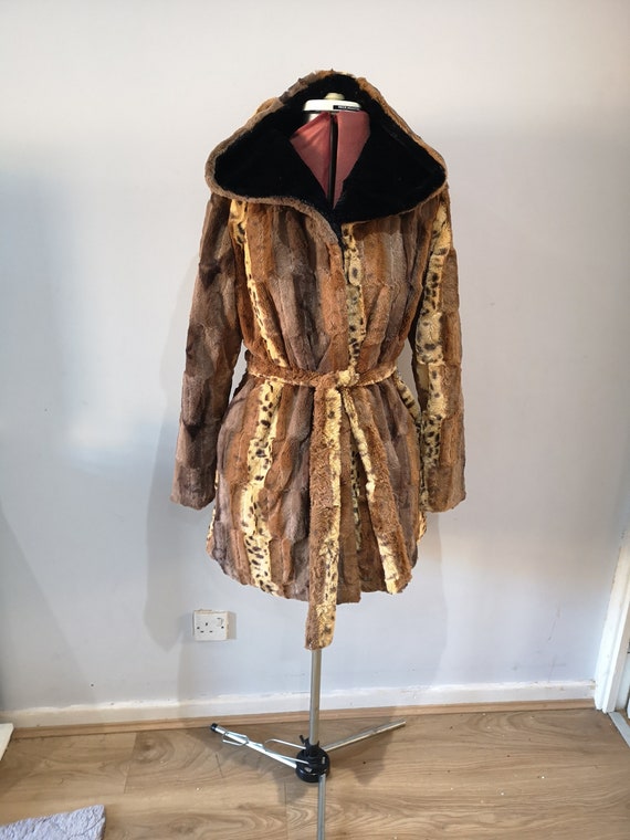 Faux fur coat, mixed fur coat, faux leopard print