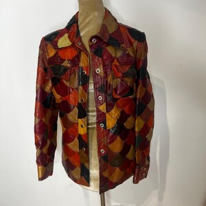70's fish scale leather jacket, patchwork leather jacket, 70's scalloped leather jacket. UK 10