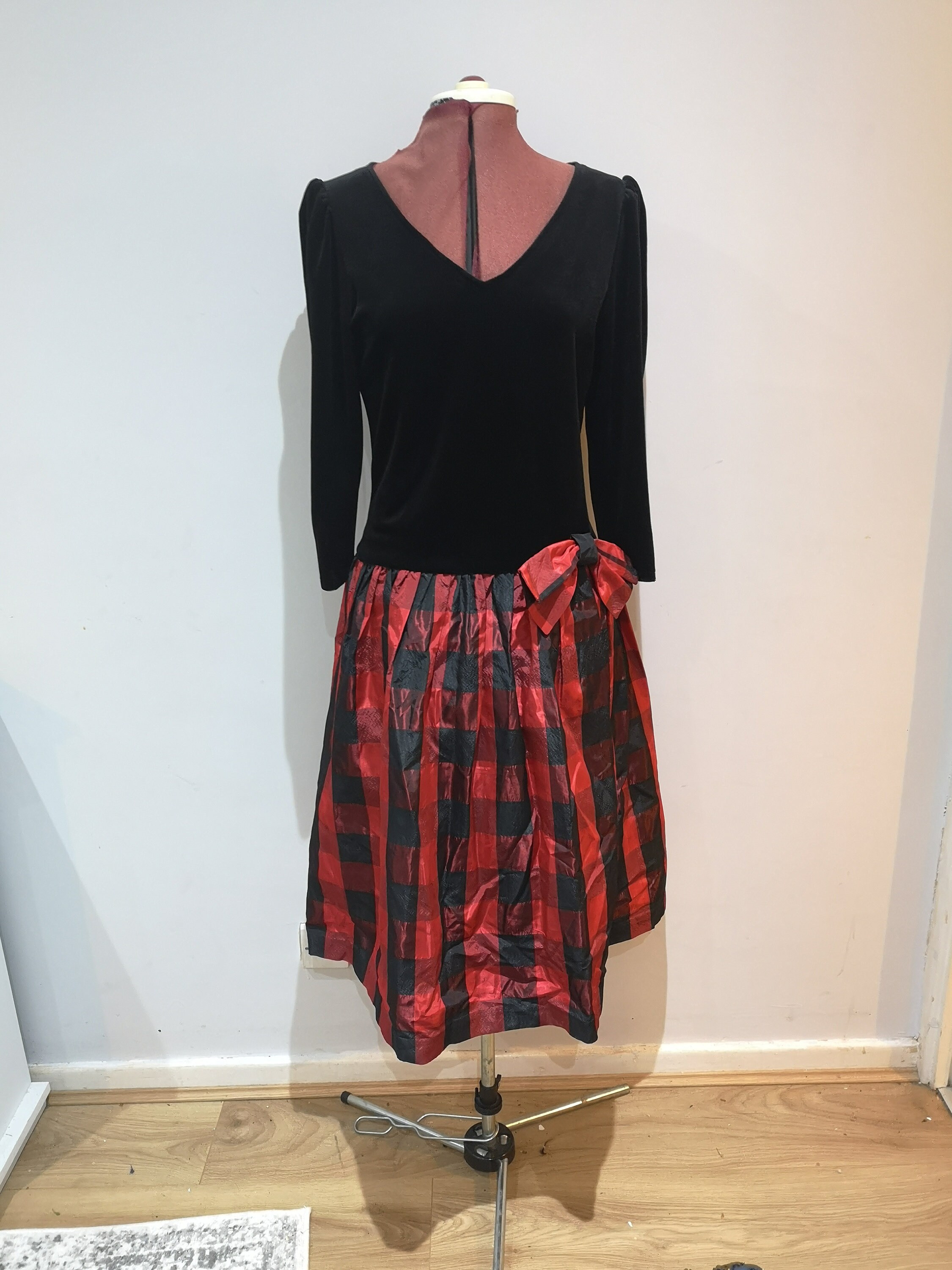 Image of A Vintage 's Kerena Velvet & Taffeta Checked Party Dress, 's Red Black Cocktail Uk