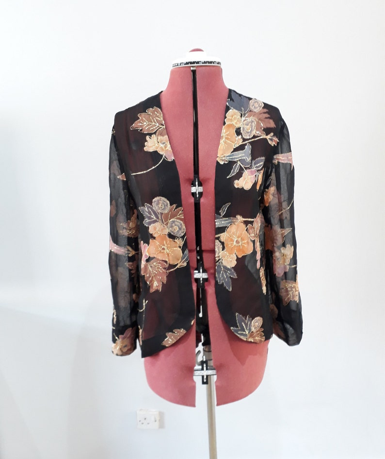 Black Sheer Jacket Cover Up Vintage Gold Thread Floral Etsy
