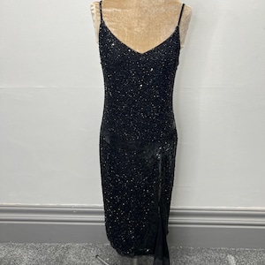 Frank Usher beaded dress, black beaded party dress, flapper dress. UK 8