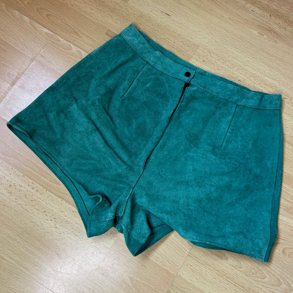 1970's green suede shorts, vintage 70's mint green suede hot pants. UK 8