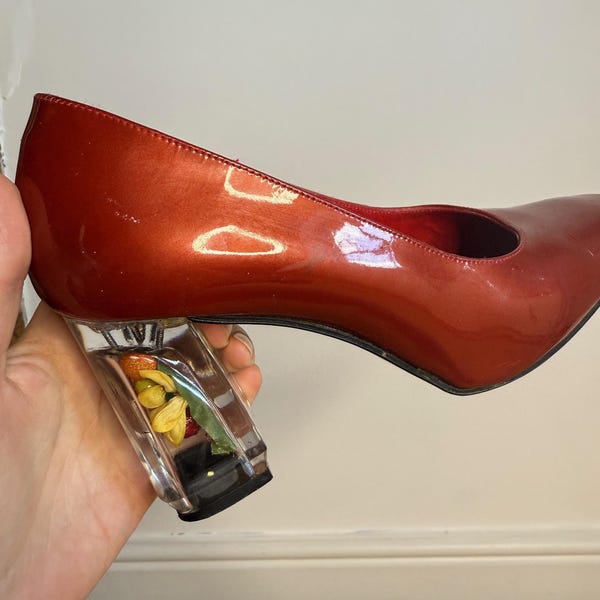 Vintage 70's or 80's red shoes with clear fruit heels. UK 4