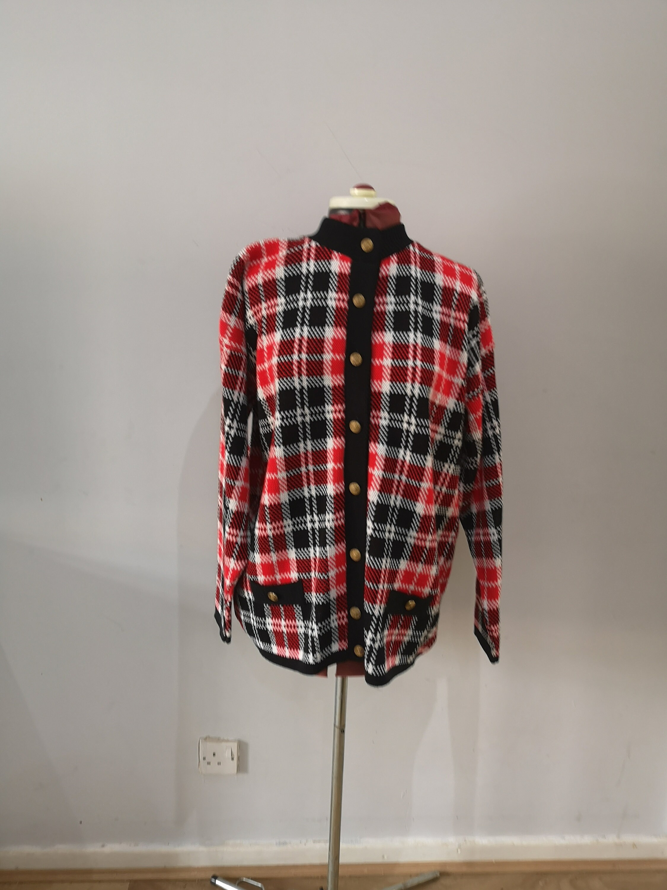 Image of A Vintage 's Checked Cardigan, Murray Brothers Of Hawick Scotland. Red & White Knitted Jacket. 's Sweater. Size Large
