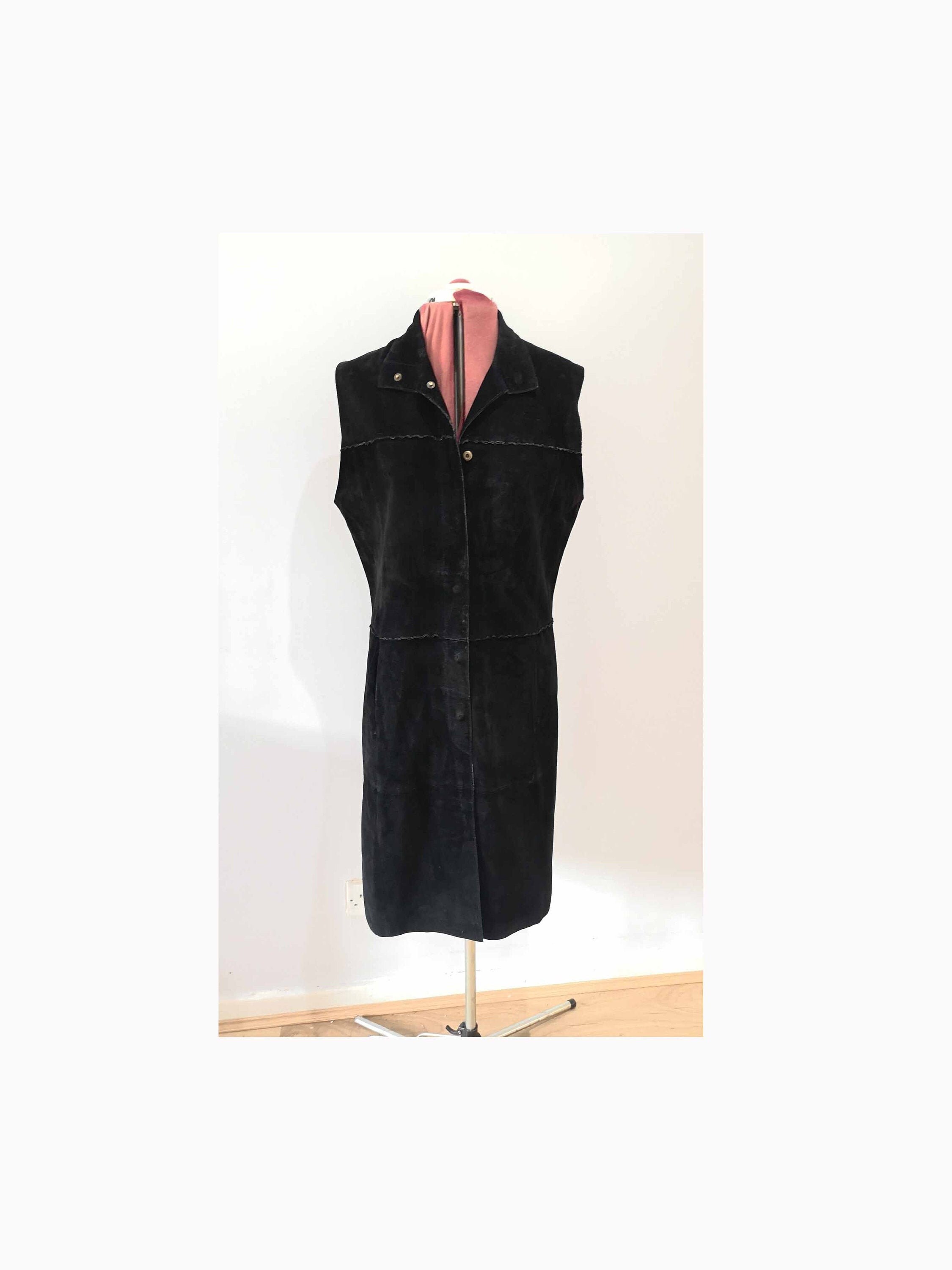 Image of Vintage Black Long Suede Waistcoat, Mila Paoli, Leather Waistcoat Dress, Button Front Sleeveless Vest, Uk