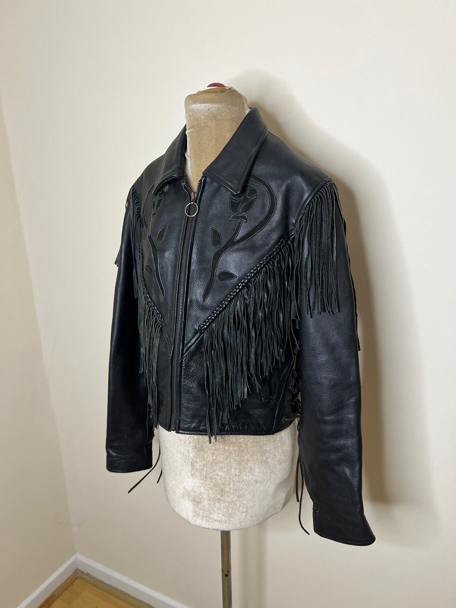 Vintage Fringed Leather Biker Jacket, JTS Black Fringed Western Jacket With Rose Design. UK 10 - Etsy UK Vintage Fringed Leather Biker Jacket, JTS Black Fringed Western Jacket With Rose Design. UK 10 - Etsy UK