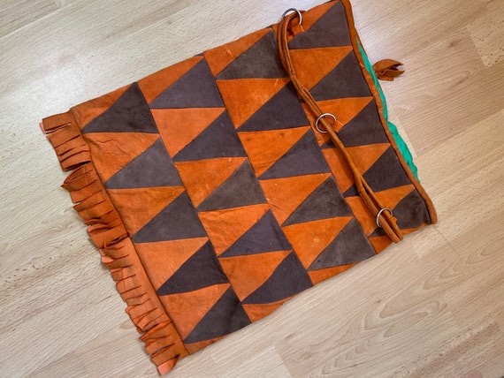 70's patchwork suede bag, drawstring patchwork le… - image 6