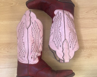 Vintage Justin pink and red leather cowboy boots, embroidered cowboy boots, western leather boots. UK 3