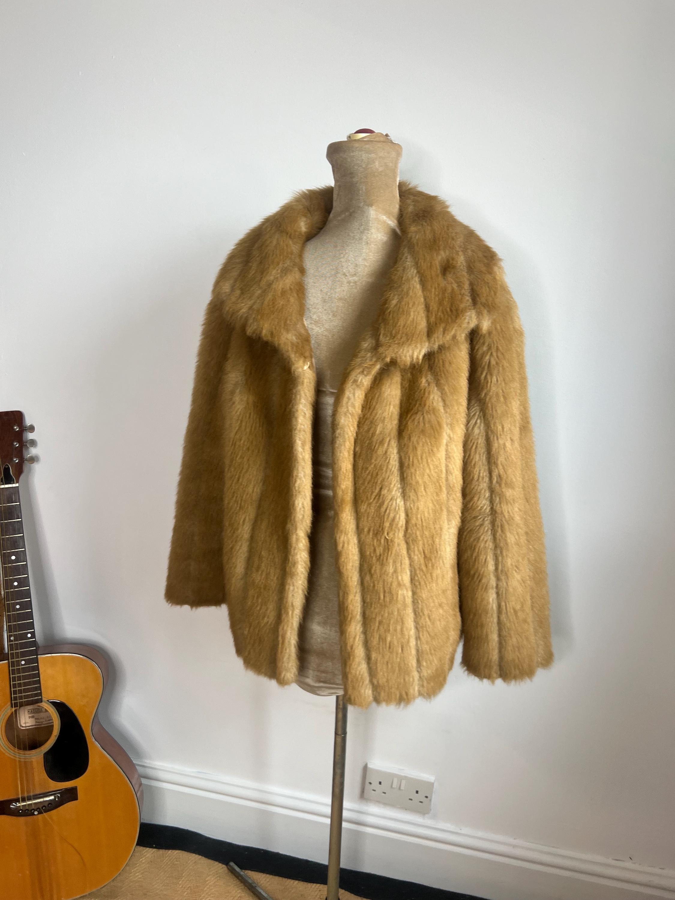 70's Faux Fur Coat, Brown Fake Fur Jacket, Vegan Fur Coat. UK 8