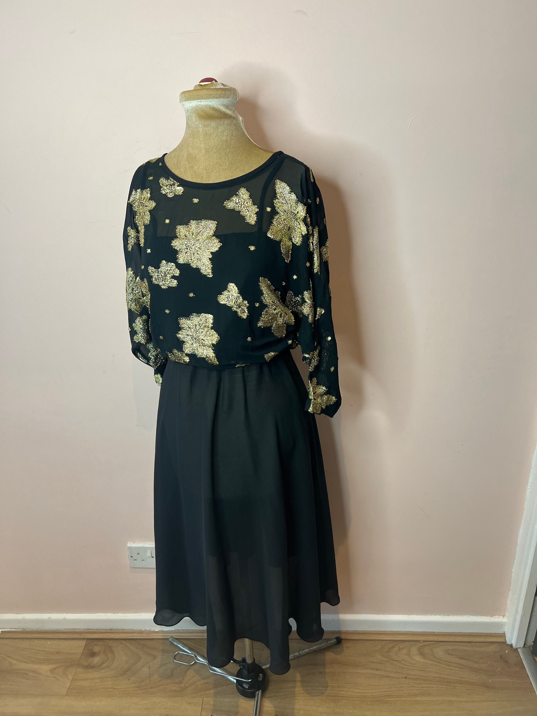 Vintage 70's - 80's black and gold dress, Karida metallic gold floral midi dress. UK 8 - 10