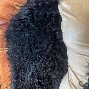 May include: Close-up of a coat featuring a combination of textures and colors. The coat has a black, curly fur lining, a tan-colored fur trim, and a beige satin-like fabric on the right side.