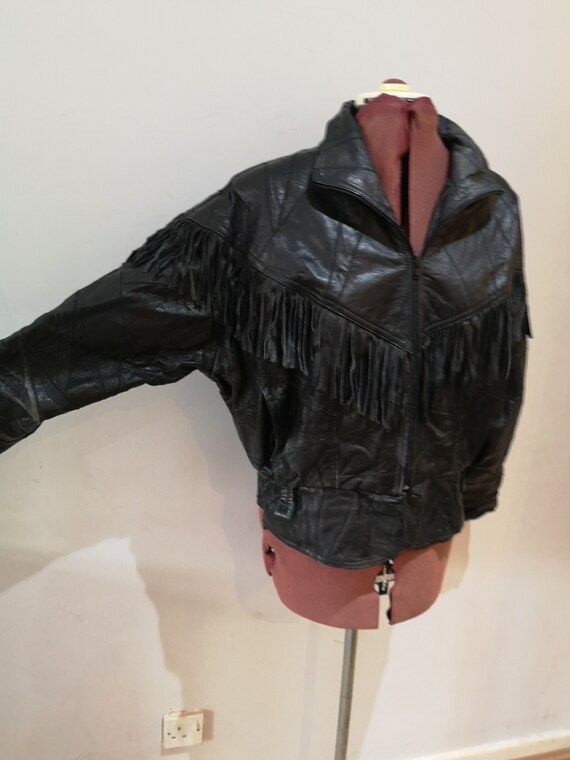 Vintage 1980's fringed black leather jacket, 80's