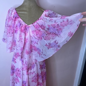Vintage 1970&#39;s pink cape sleeve dress, angel sleeve dress, floral chiffon maxi dress. UK 8