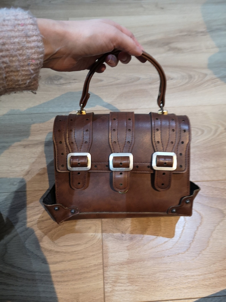Vintage Faux Leather Handbag Small Brown Faux Leather Satchel Etsy UK
