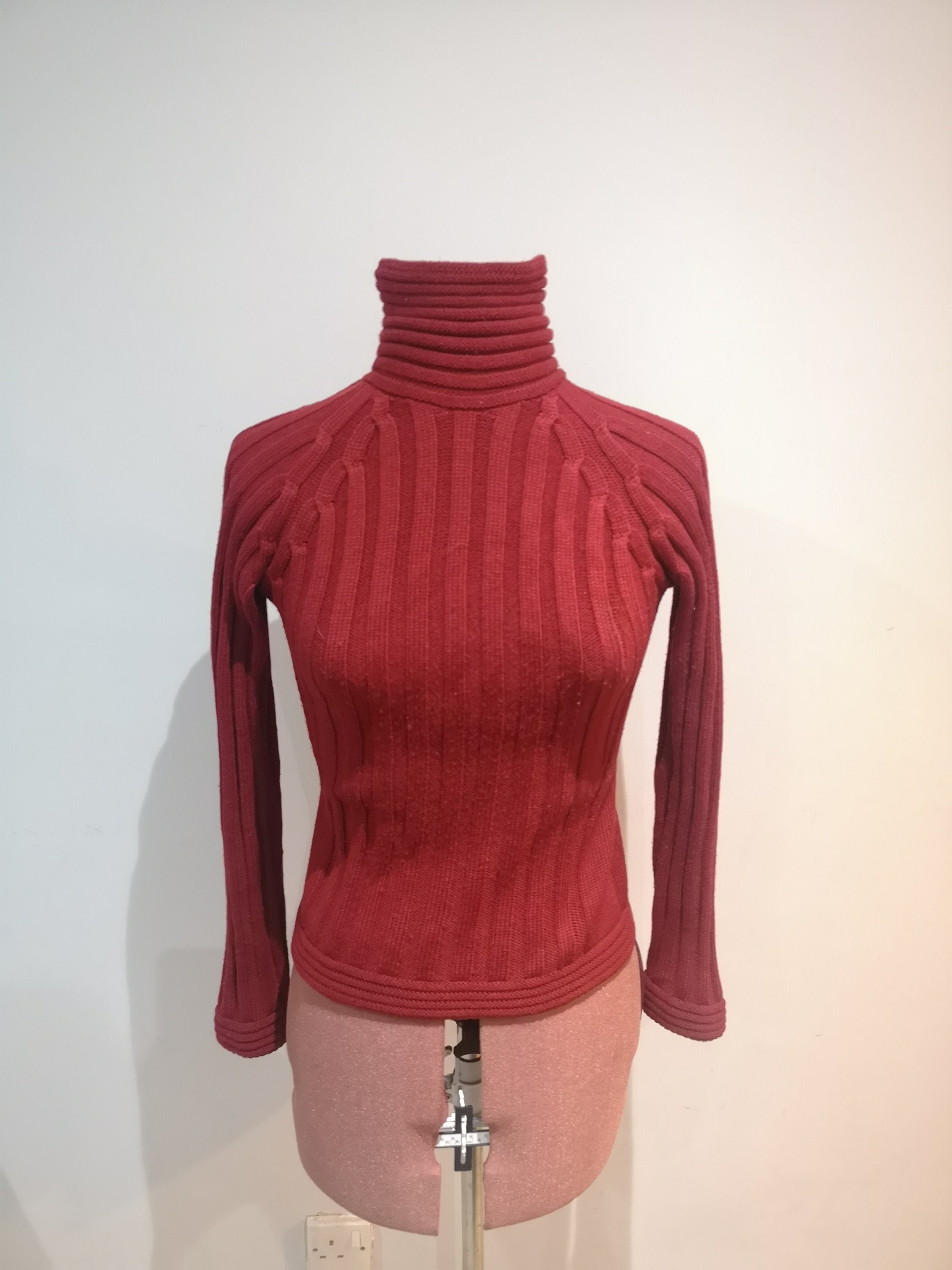 Image of Vintage Maxmara Red Ribbed Jumper, Polo Neck Sweater, Turtle Pullover, High Neck, Uk  -