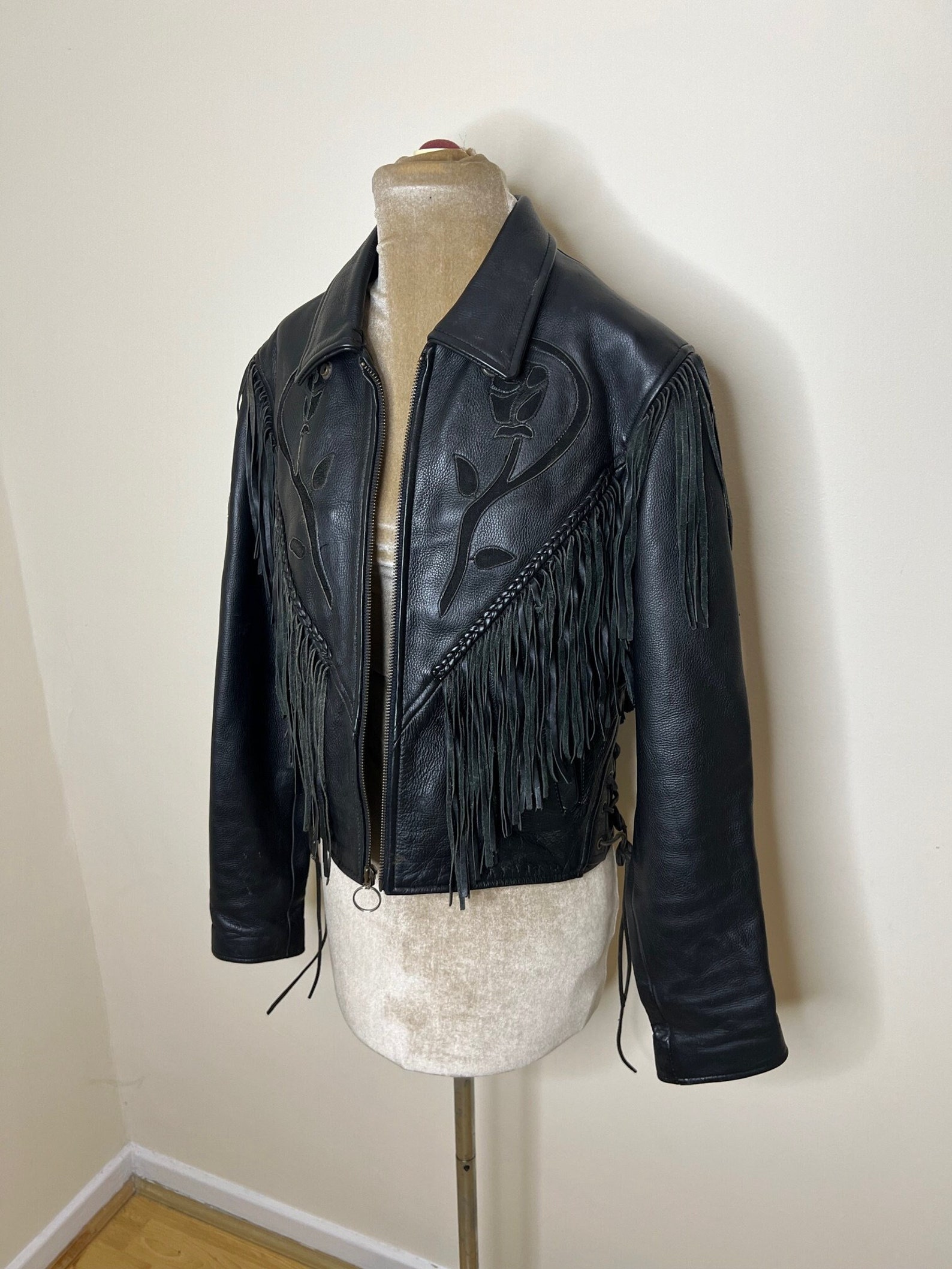 Vintage black fringed leather biker jacket, black fringed Western jacket with Rose design. UK 10