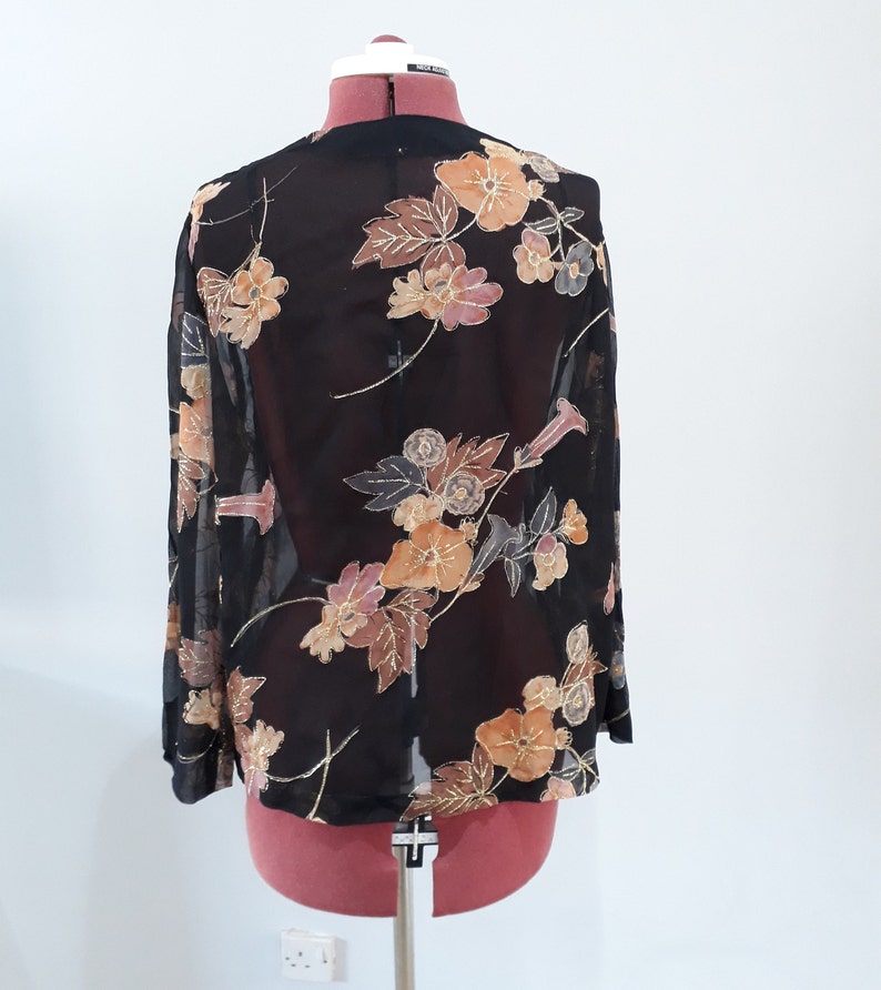Black Sheer Jacket Cover Up Vintage Gold Thread Floral | Etsy