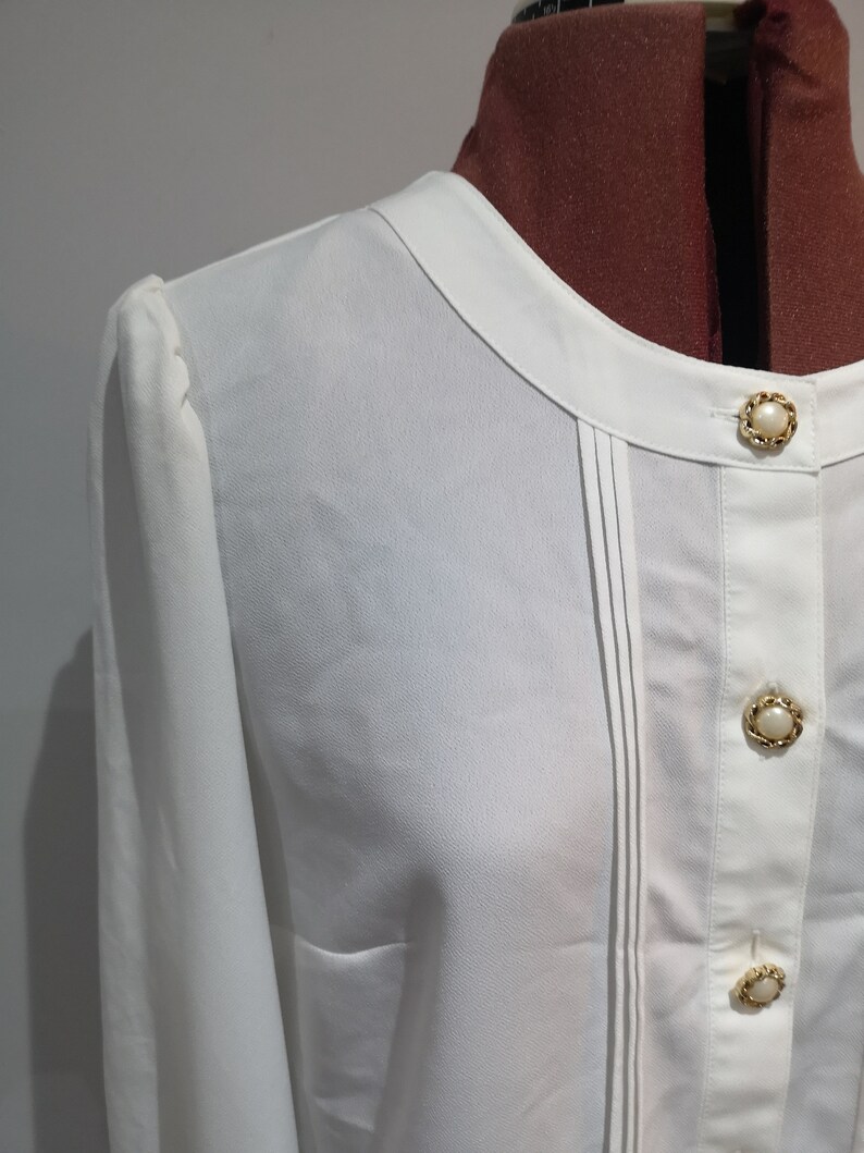 90/'s womens collarless white shirt with pearl effect and gold buttons 1990/'s vintage ivory blouse elasticated cuffs 34 sleeves UK 12