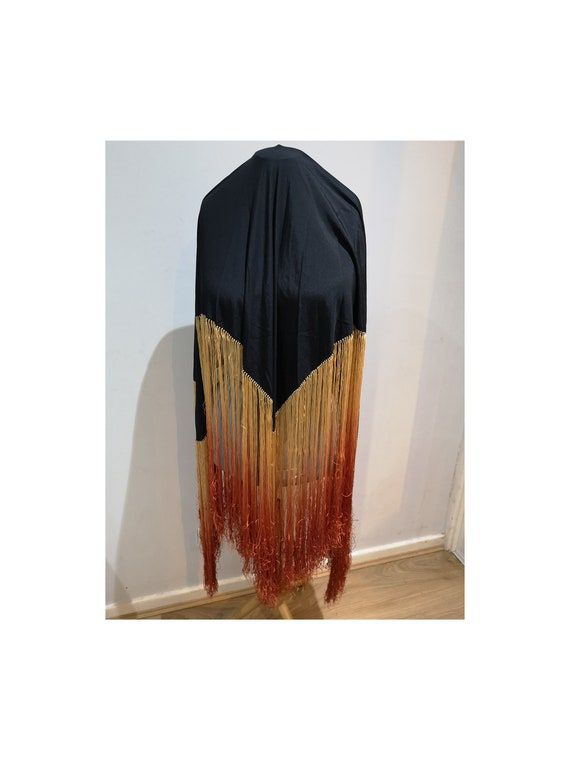 Antique black silk fringed piano shawl, early 20th