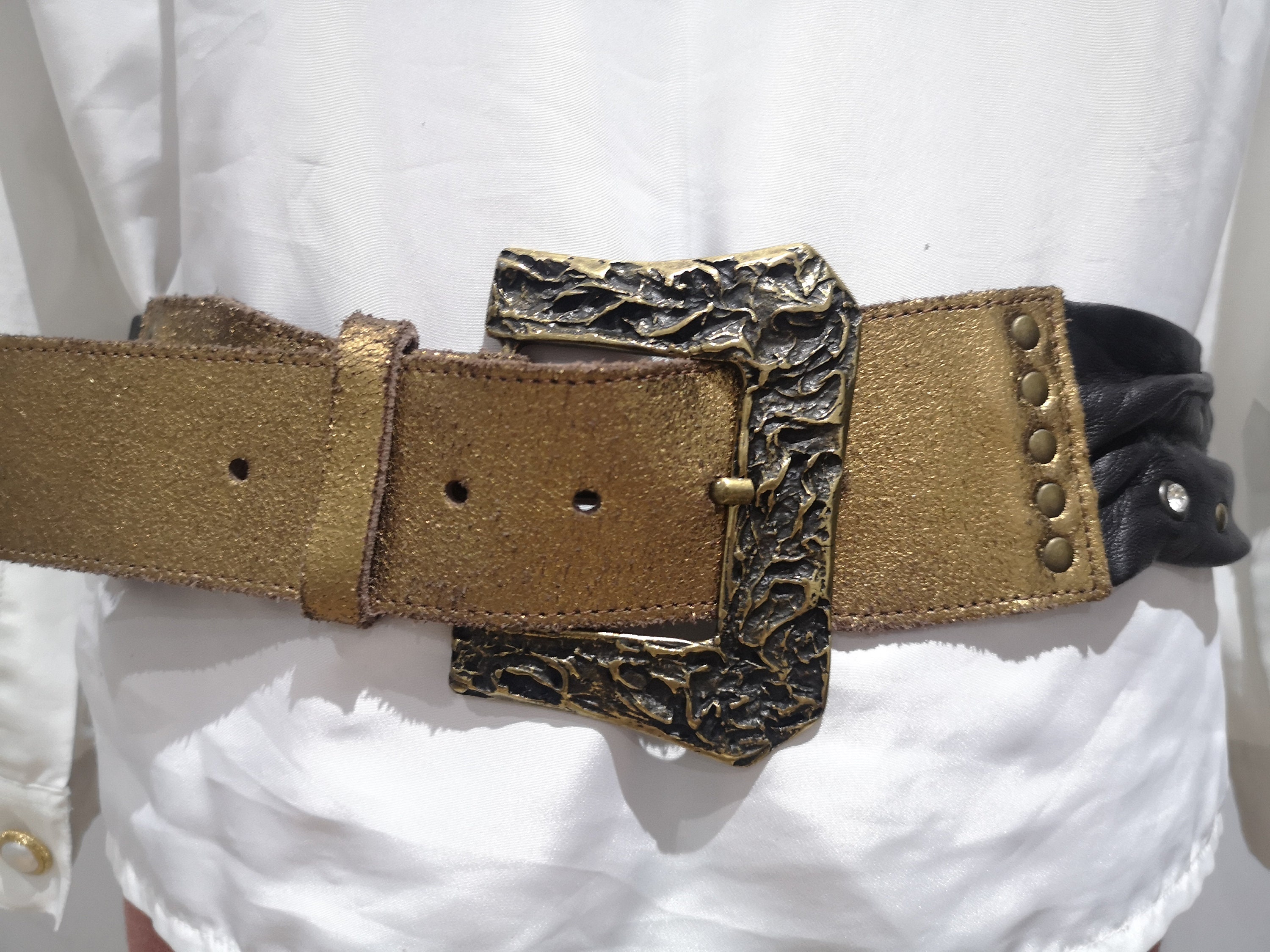 Vintage Leather Black and Gold Belt, Studded Belt, Large  display picture 3