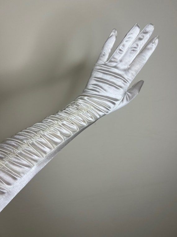 Vintage Long White Ruched Satin Opera Gloves Long White Evening