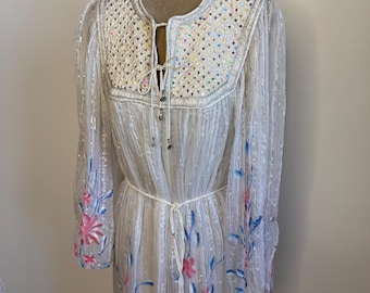 1970's Indian gauze dress, 70's boho lurex gauze dress. UK 8 - 10