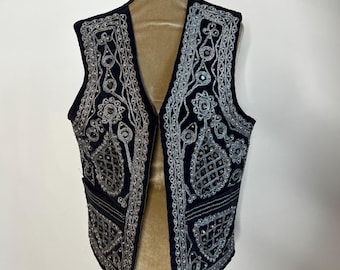 Vintage black velvet Ottoman waistcoat with mirrorwork and silver embroidery. UK 12 - 14