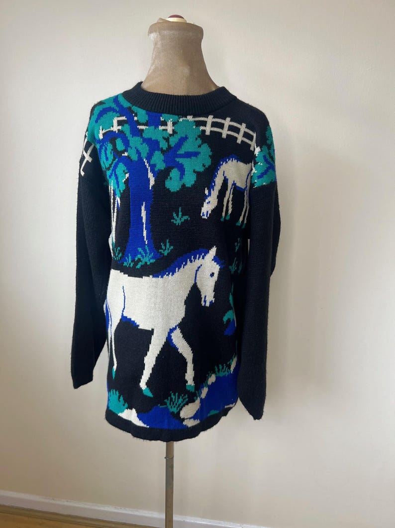 May include: Black sweater with a white horse and tree design in blue and green.