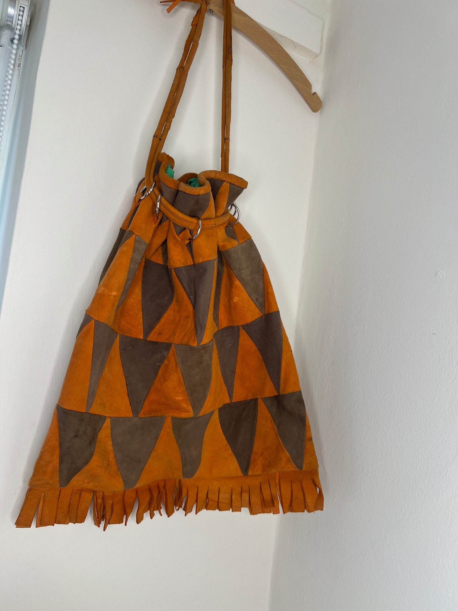 70's Patchwork Suede Bag, Drawstring Patchwork Leather Bag