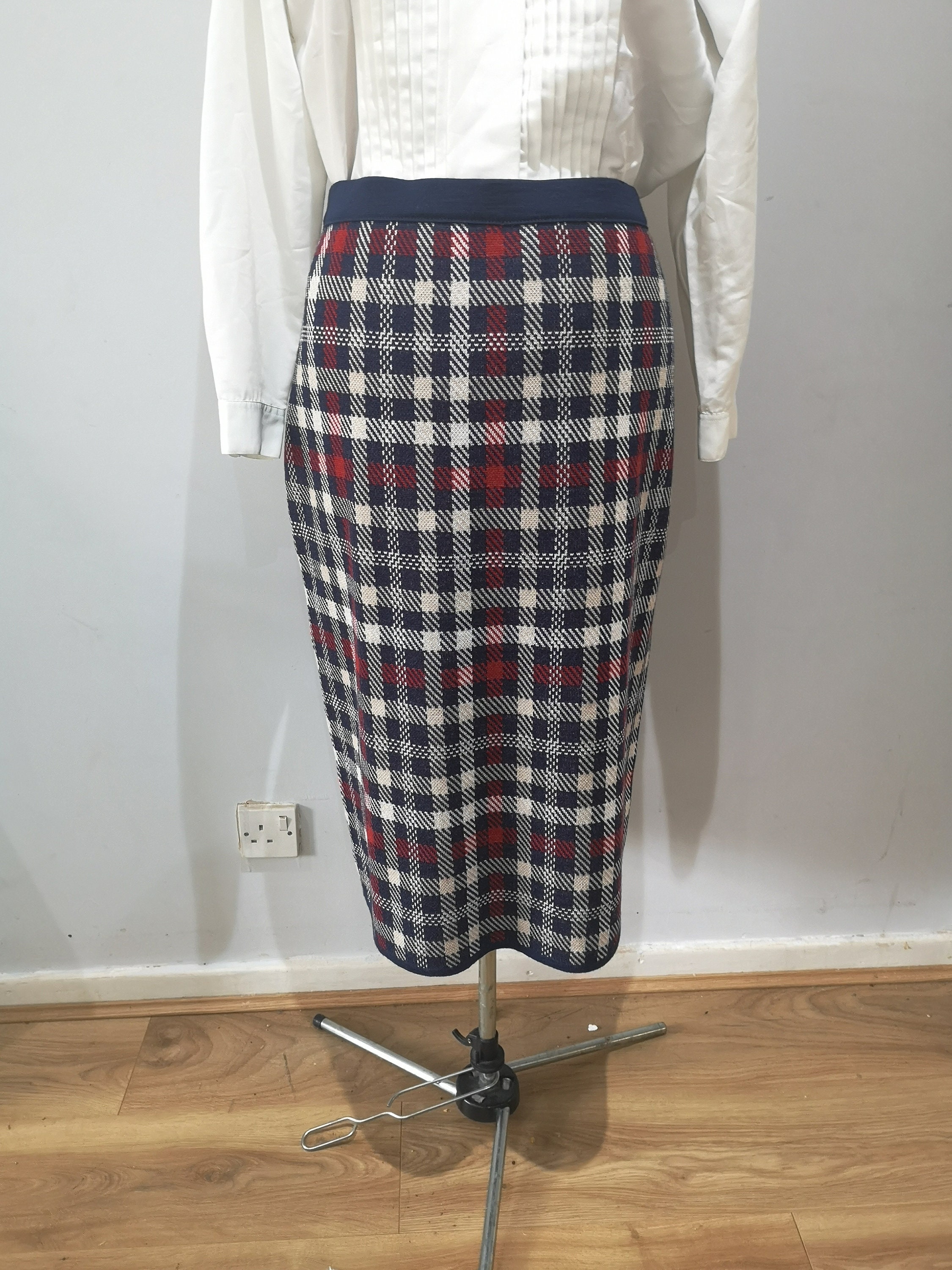 Image of A Vintage 's Wool Pencil Skirt, Checked Check Knitted Skirt. Uk Size
