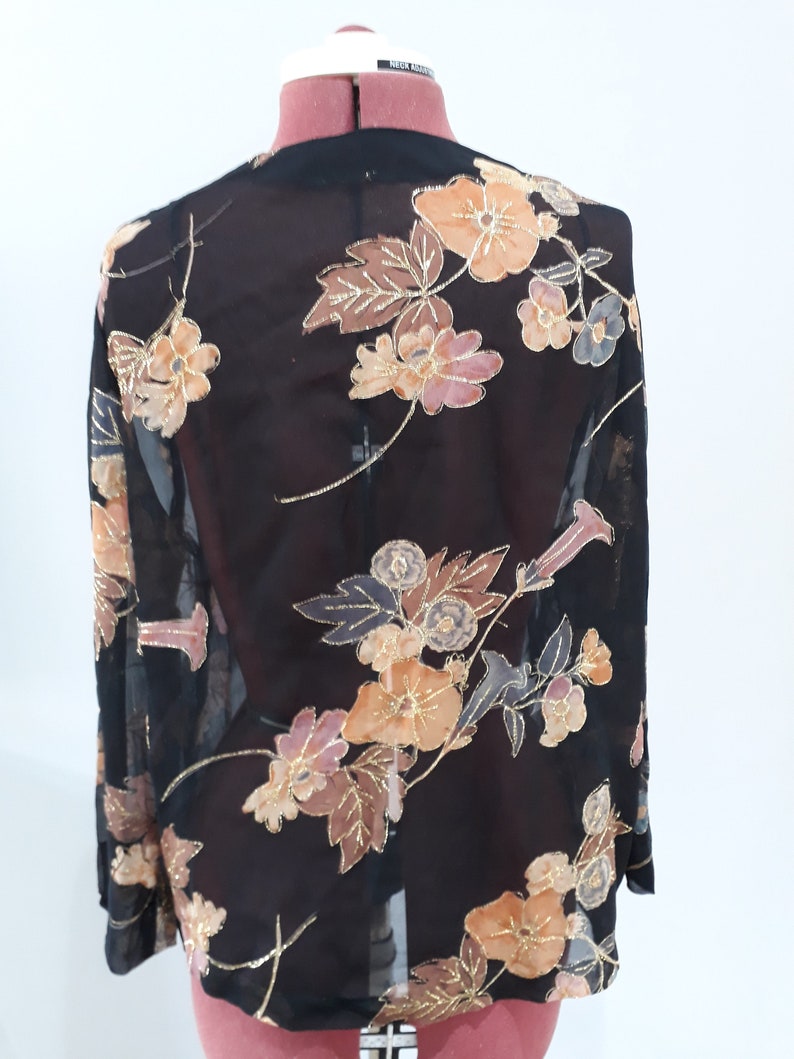 Black sheer jacket cover up vintage gold thread floral Etsy