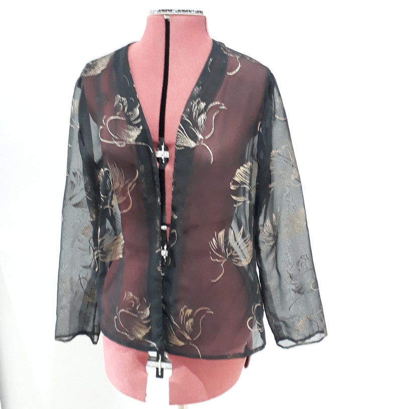Black sheer jacket cover up vintage gold glitter print Etsy