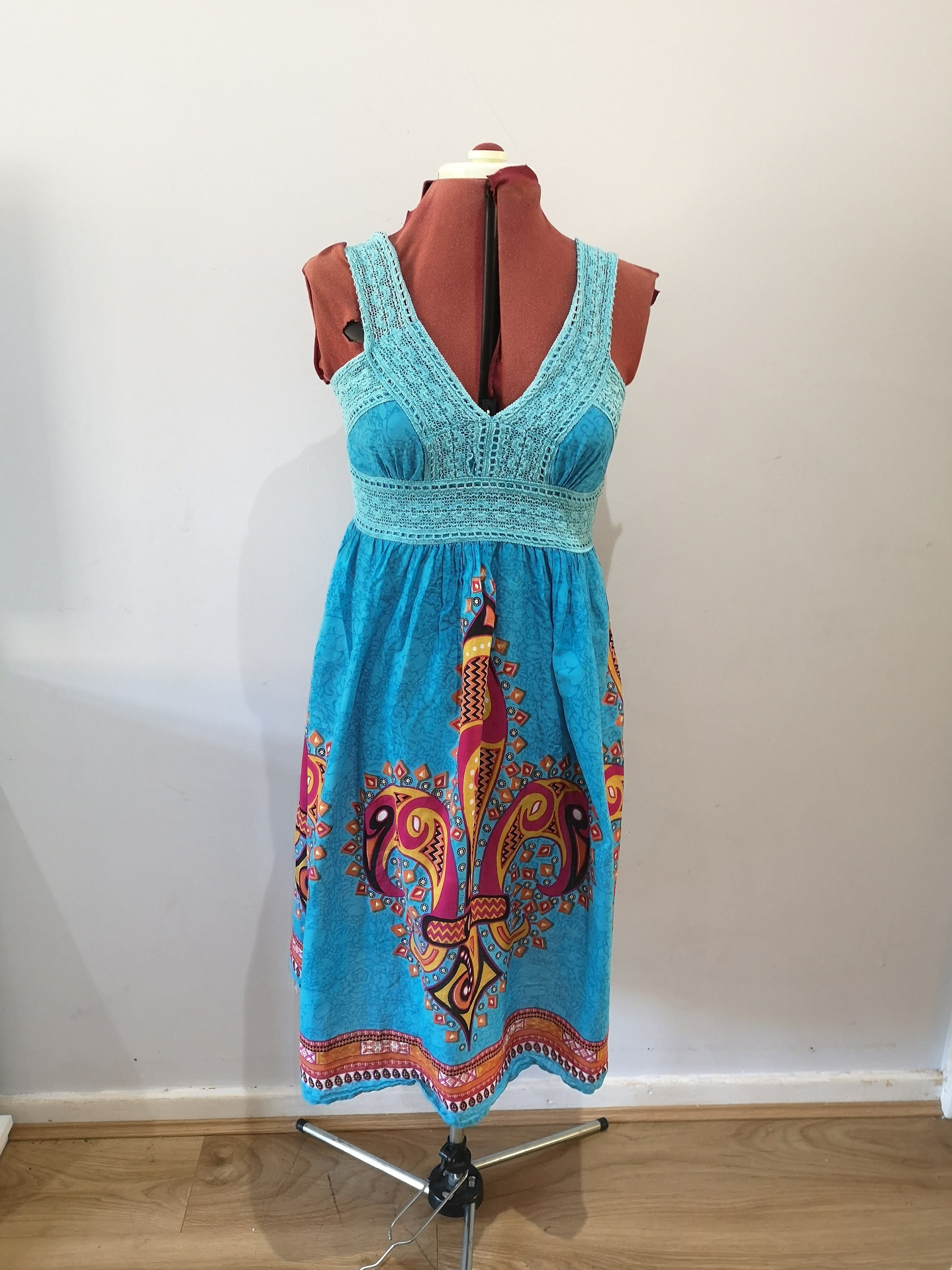 Image of Vintage Crochet Summer Dress, Cotton Beach Bright Printed Holiday Vacation Uk Size  -