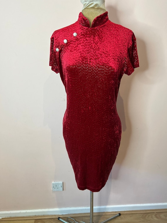 aqua red velvet dress Vintage Red Velvet Cheongsam Dress. Aqua by Shirley Wong, Red Velvet Dress.  UK 14