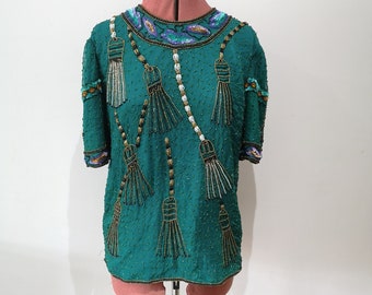 Vintage Laurence Kazar silk beaded top, emerald green embellished silk top, beaded and sequined silk blouse, Size Medium