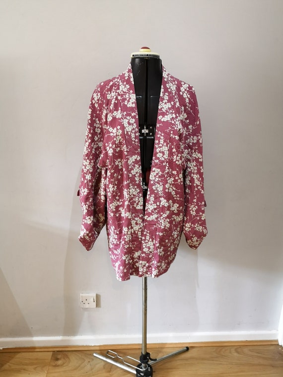 japanese kimono dress short P0123C Antique Japanese kimono Reddish Purple HAORI short jacket for women  / Silk. UME plum bloom (Grade D) / Antiques / Kimonoya Japan