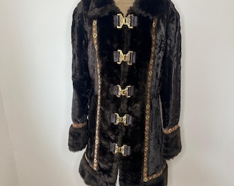 Vintage 1970&#39;s dark brown faux fur coat with gold clasps. UK 10