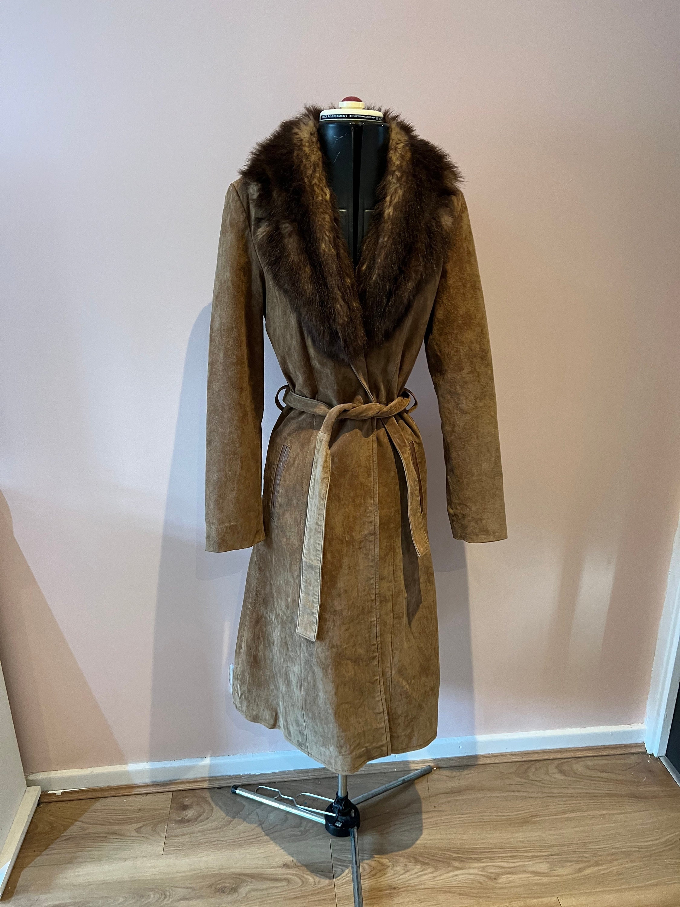 Womens - Faux Fur Lined Afghan Coat in Stone Wash Taupe Brown