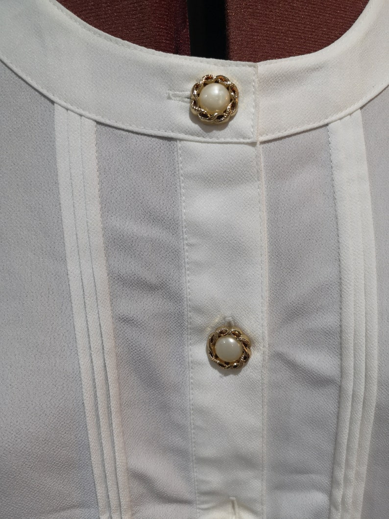 90/'s womens collarless white shirt with pearl effect and gold buttons 1990/'s vintage ivory blouse elasticated cuffs 34 sleeves UK 12