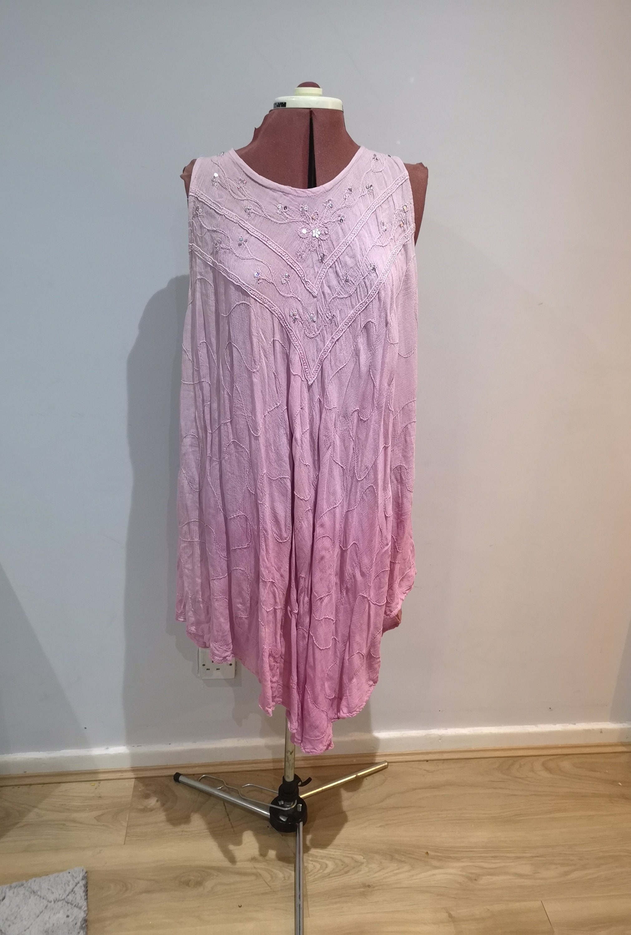 Image of Vintage Dip Dyed Beach Dress, S Embroidered Sequined Loose Ombre Summer Vest One Size