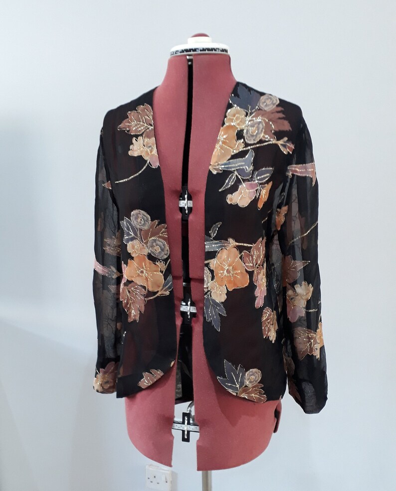 Black sheer jacket cover up vintage gold thread floral Etsy