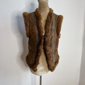 1960's Afghan embroidered sheepskin waistcoat, embroidered suede vest. UK 8 - 10