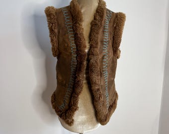1960's Afghan embroidered sheepskin waistcoat, embroidered suede vest. UK 8 - 10