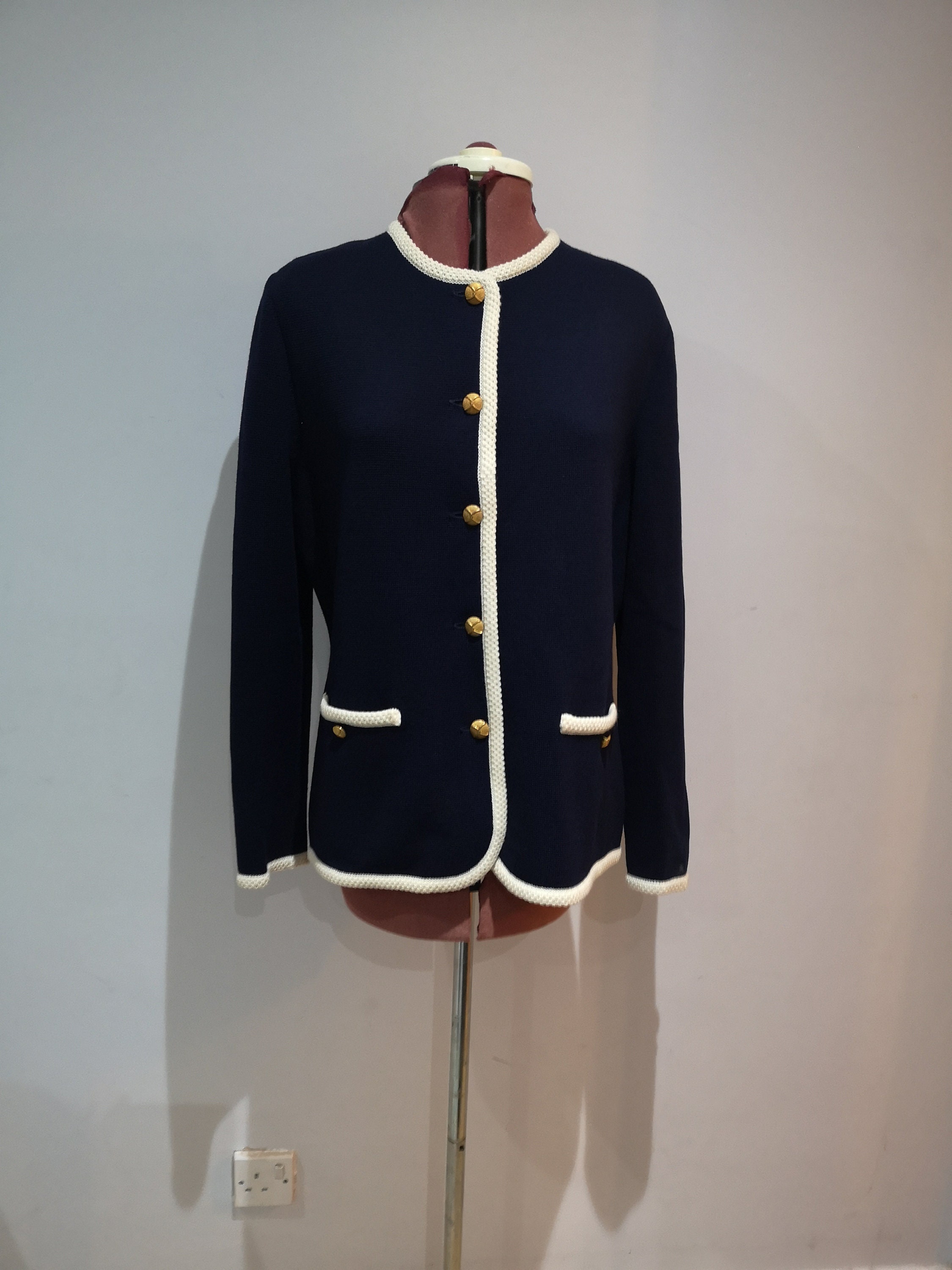 Image of A Vintage 's Or 's Cotswold Collection Wool Cardigan, Navy & Cream Knitted Jacket. 's Sweater. Uk