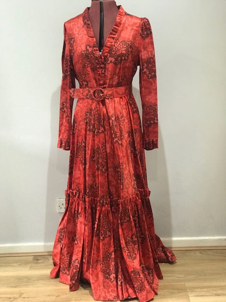 Image of Frank Usher. 's 's Red Vintage Maxi Dress, Evening Floral Print Long Sleeved Dress 's. Belt Uk