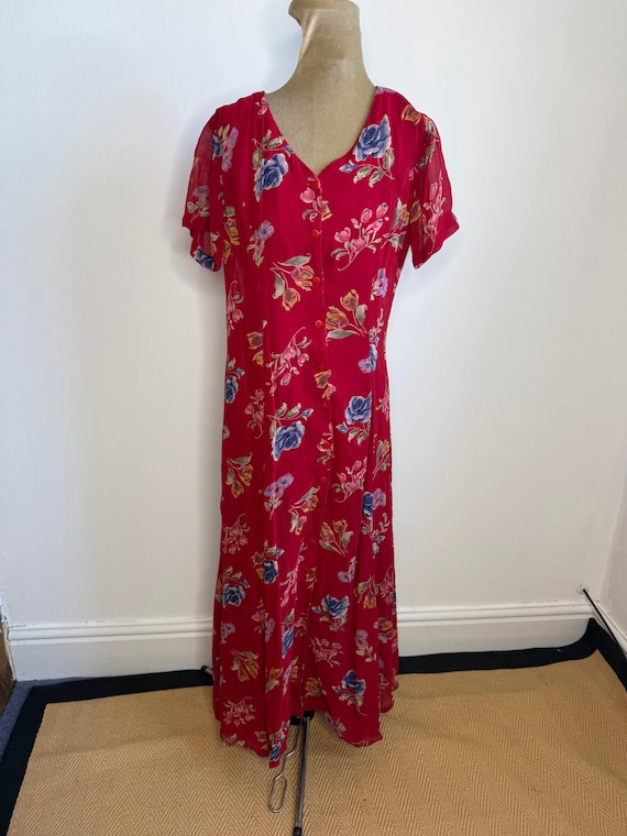 Vintage Monsoon Red Floral Shirt Dress - 90s Tea Dress UK 10-12 Vintage Monsoon Red Floral Shirt Dress - 90s Tea Dress UK 10-12