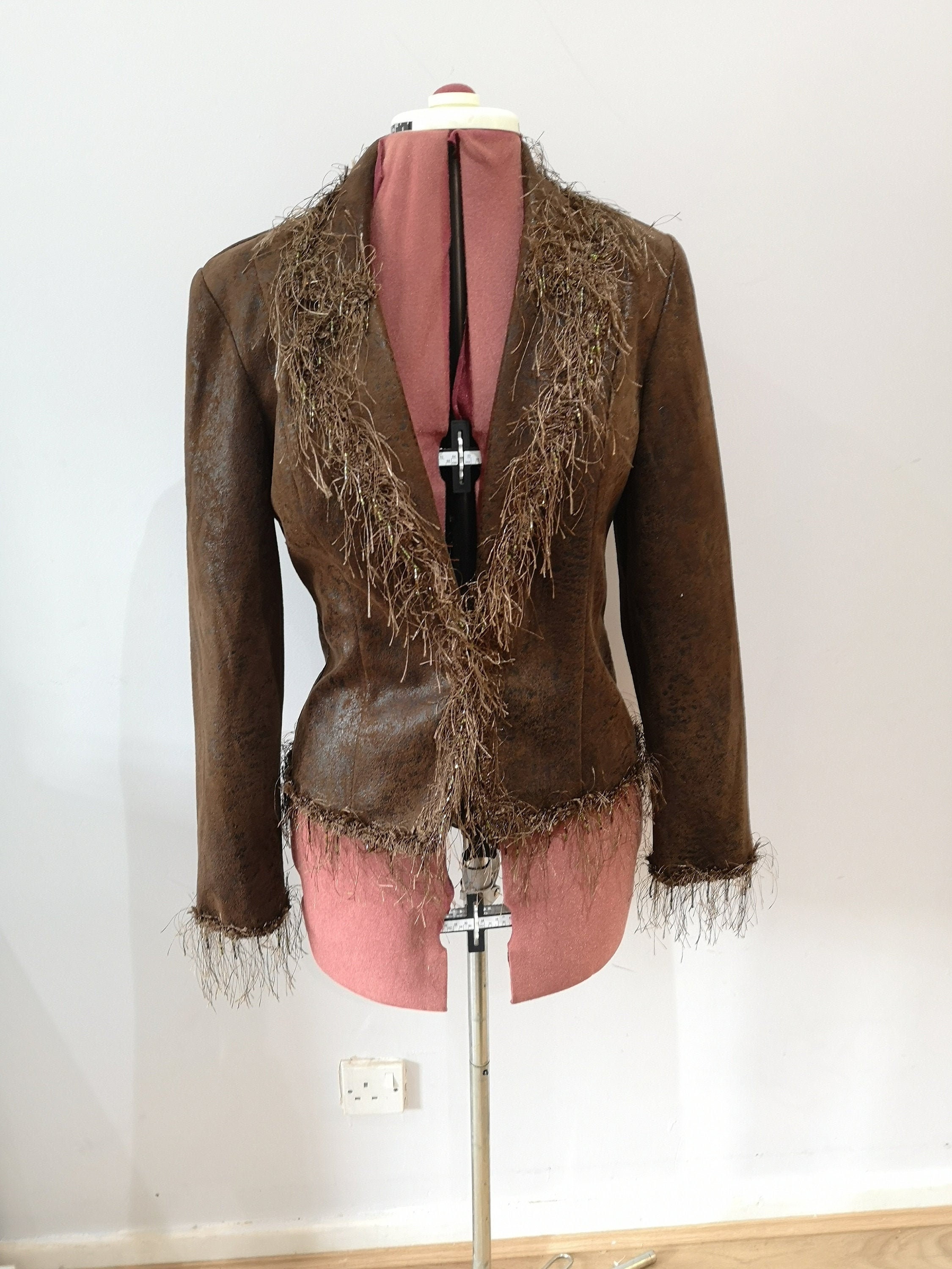Image of A Vintage Joseph Ribkoff Brown Suede Effect Jacket, Faux Blazer With A Fluffy Collar Trim, Uk
